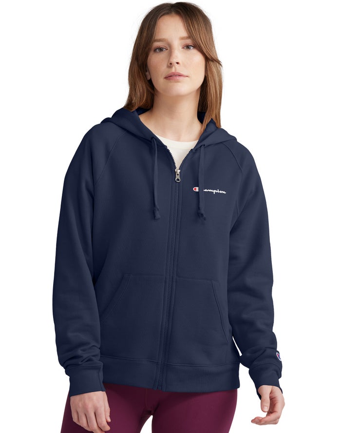 Champion Womens Hoodie NZ - Powerblend Fleece Full Zip Navy ( 0951-BVGAQ )